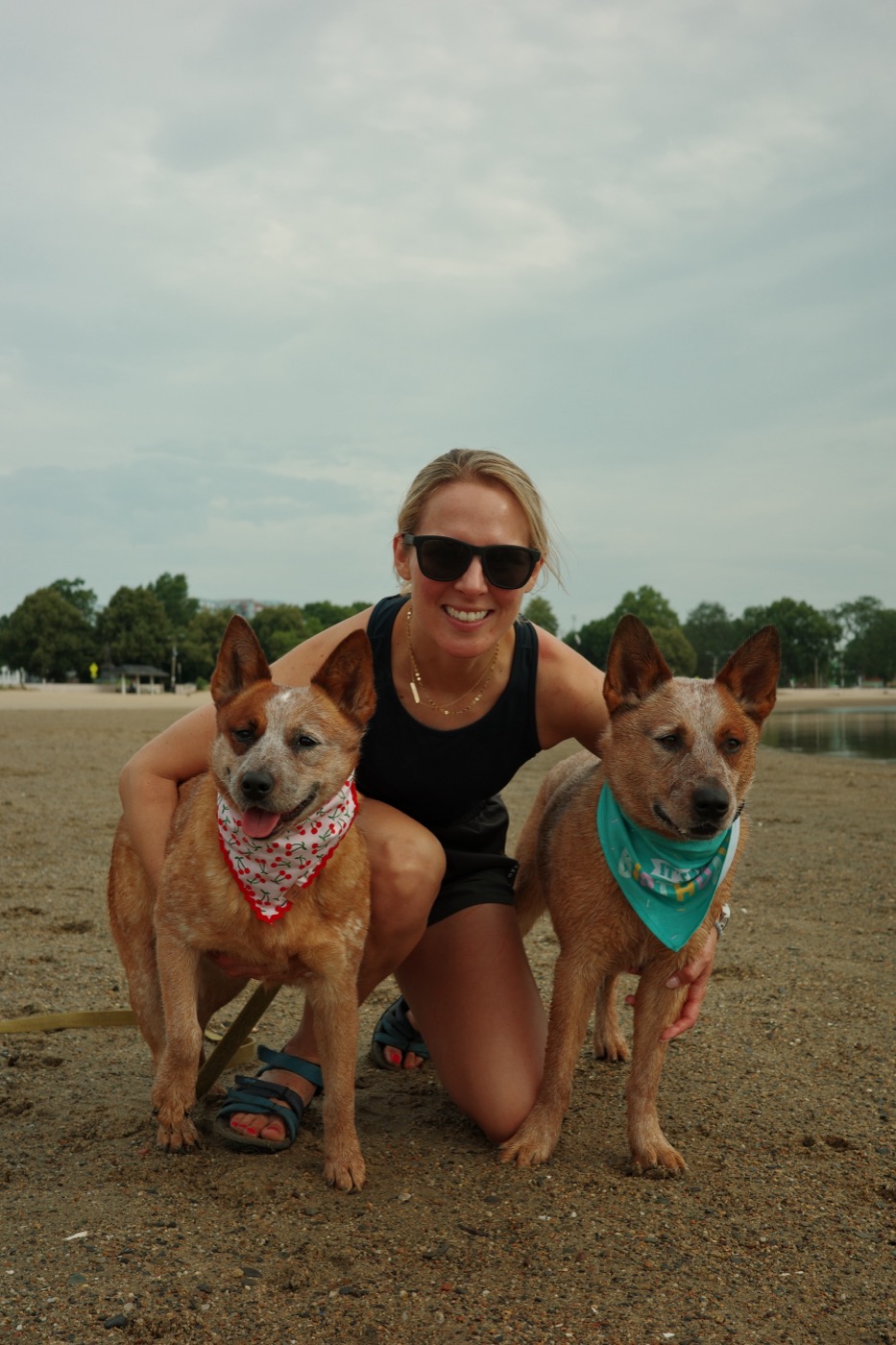 Cait with her two dogs on a beach